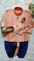 Boys Sandy Navy IndoWestern dhoti set - Chain and shoes included