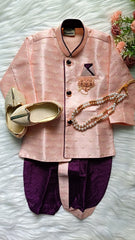 Boys Pink Magenta IndoWestern dhoti set - Chain and shoes included