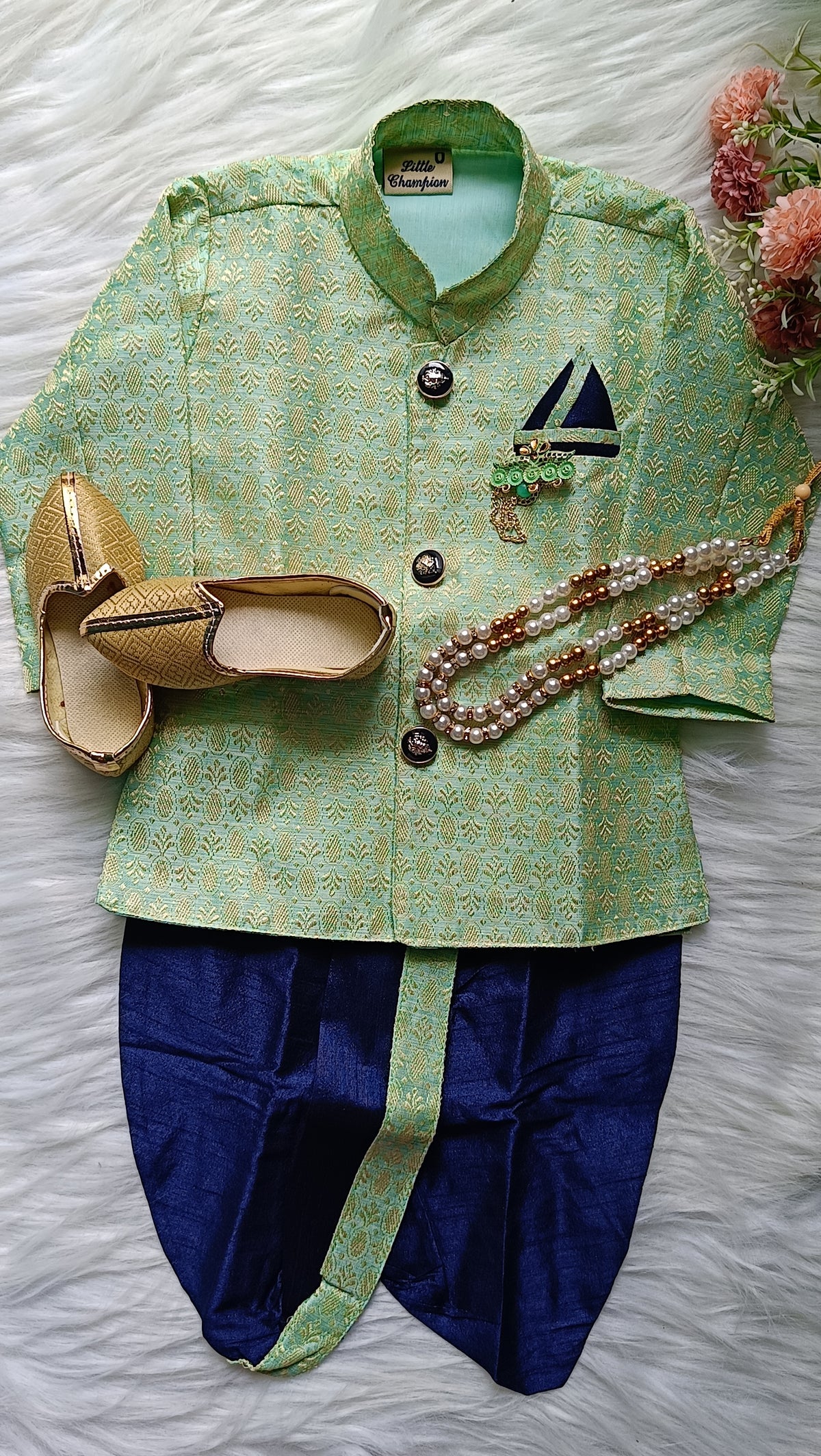 Boys Greenish Navy IndoWestern dhoti set - Chain and shoes included