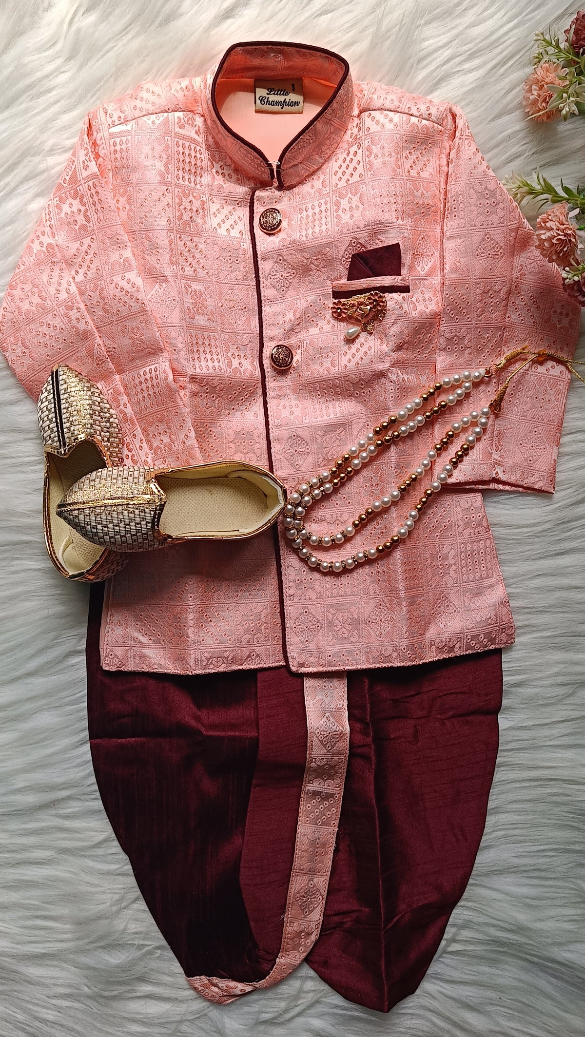 Boys kurta Dhoti set - Pinkish and Maroon  Dhoti  chain Included