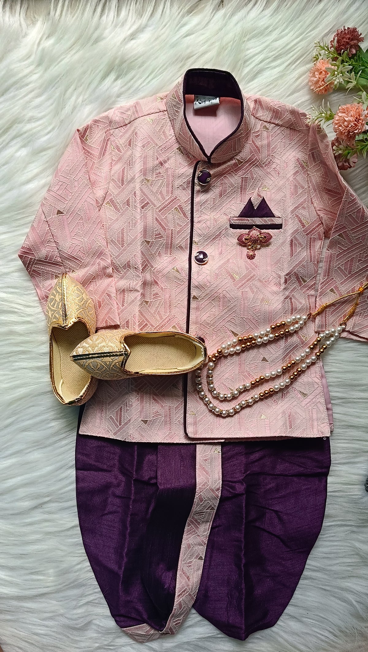 Boys kurta Dhoti set - Pinkish and Dark Purple Dhoti  chain Included