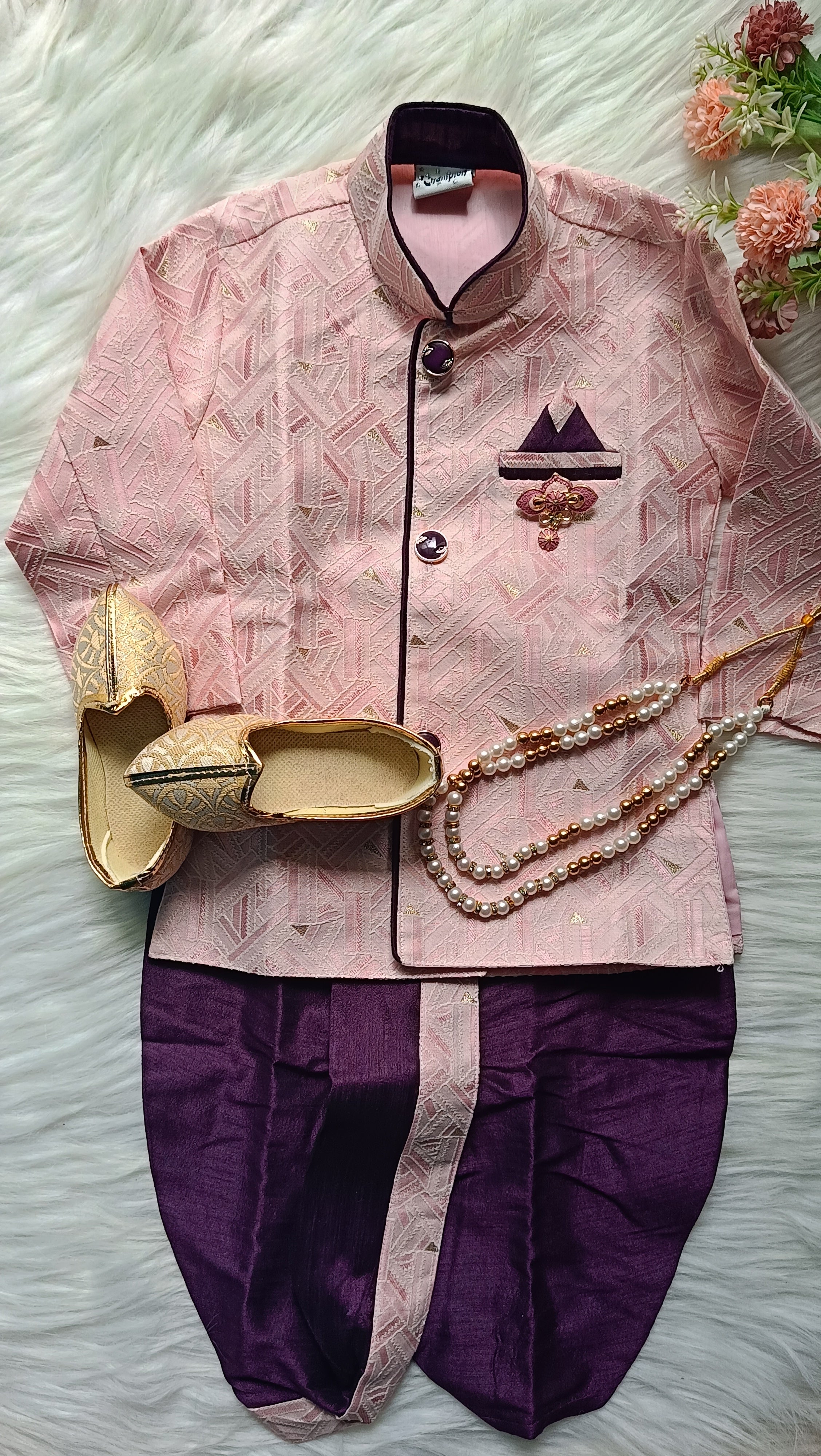 Boys kurta Dhoti set - Pinkish and Dark Purple Dhoti  chain Included