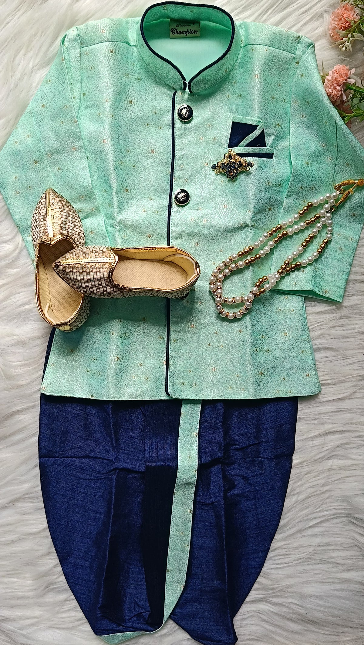 Boys kurta Dhoti set -  Greenish and Blue Dhoti  chain Included