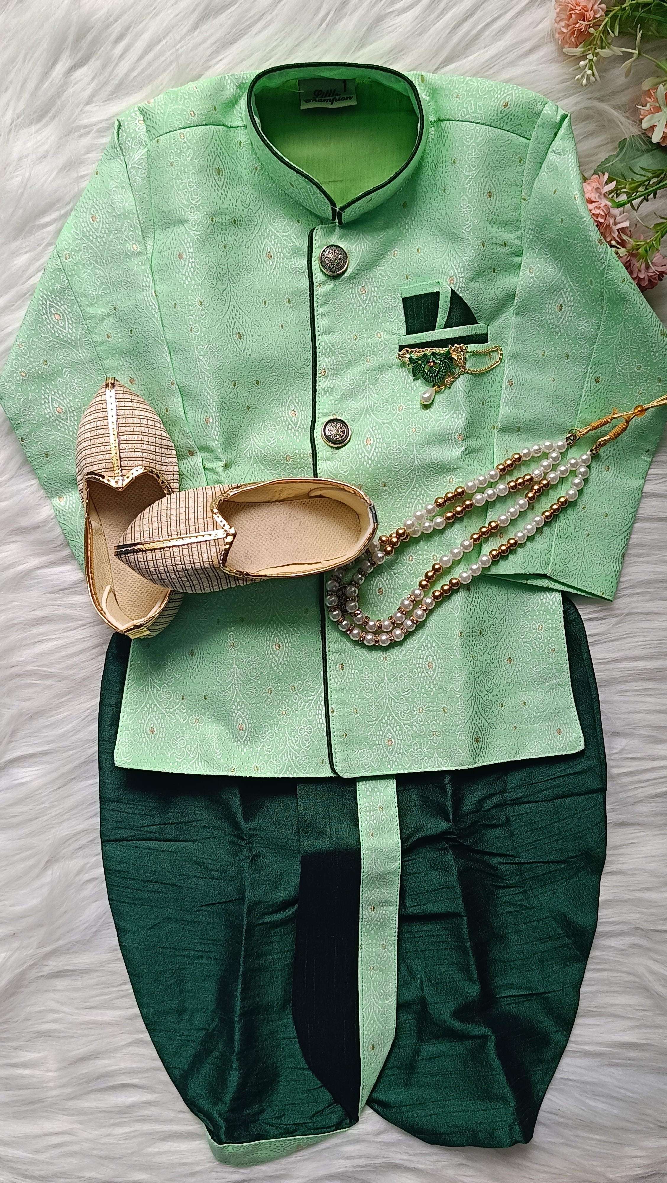 Boys kurta Dhoti set -  Tealish Green   chain Included