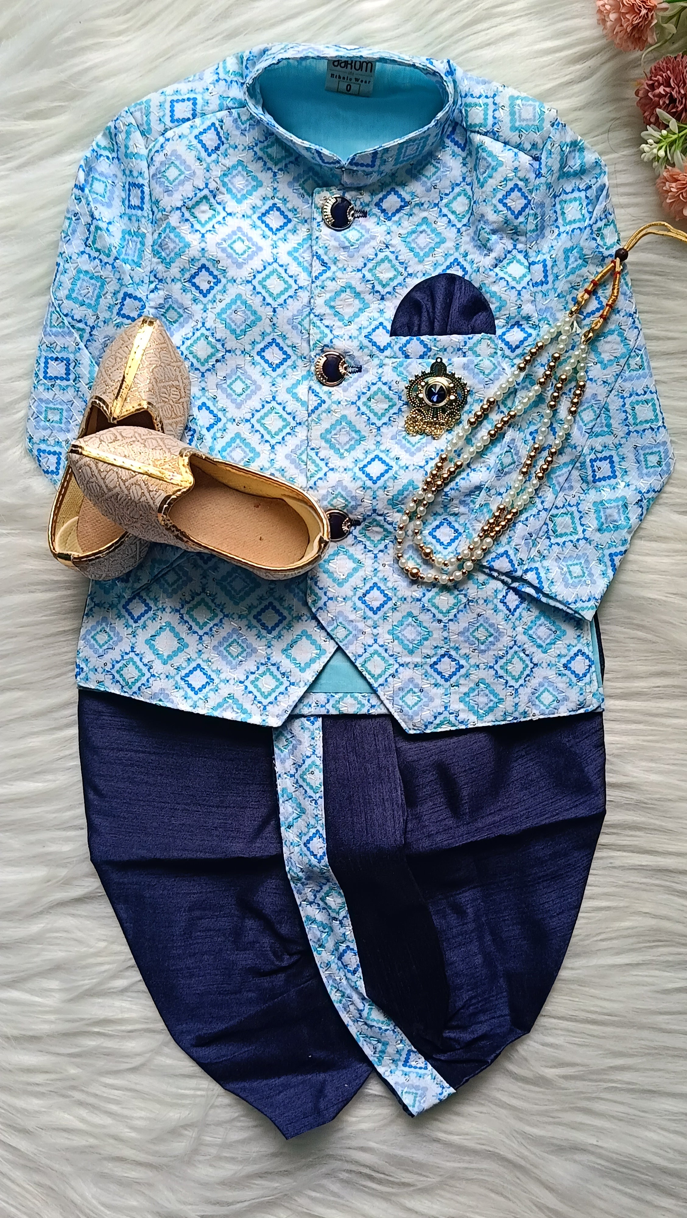 Boys Blue IndoWestern dhoti &  Pant set - Chain and shoes included