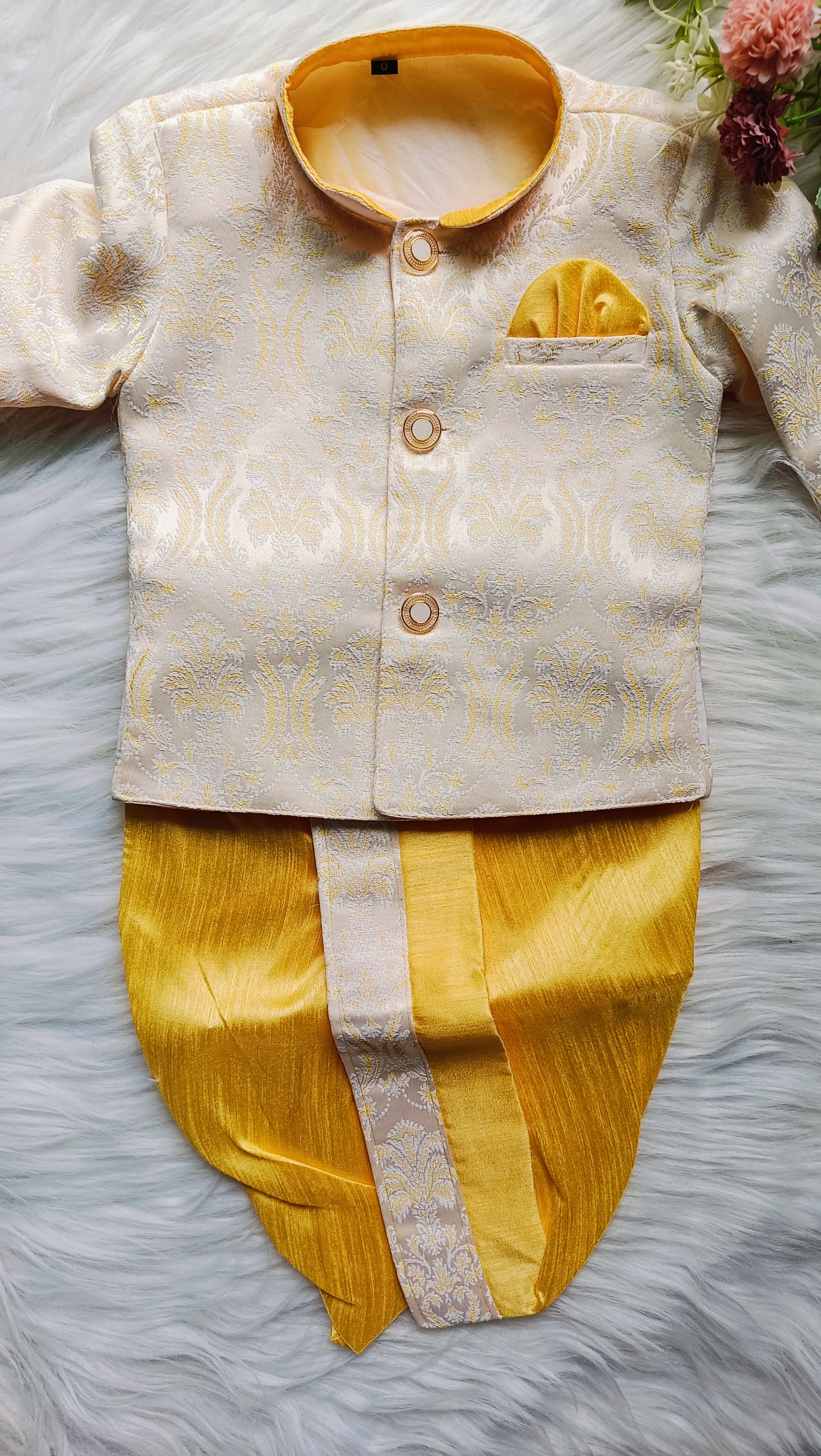 Boys Rich Gold  Indo Western 2 in 1 Kurta Set - Dhoti & Pant Included