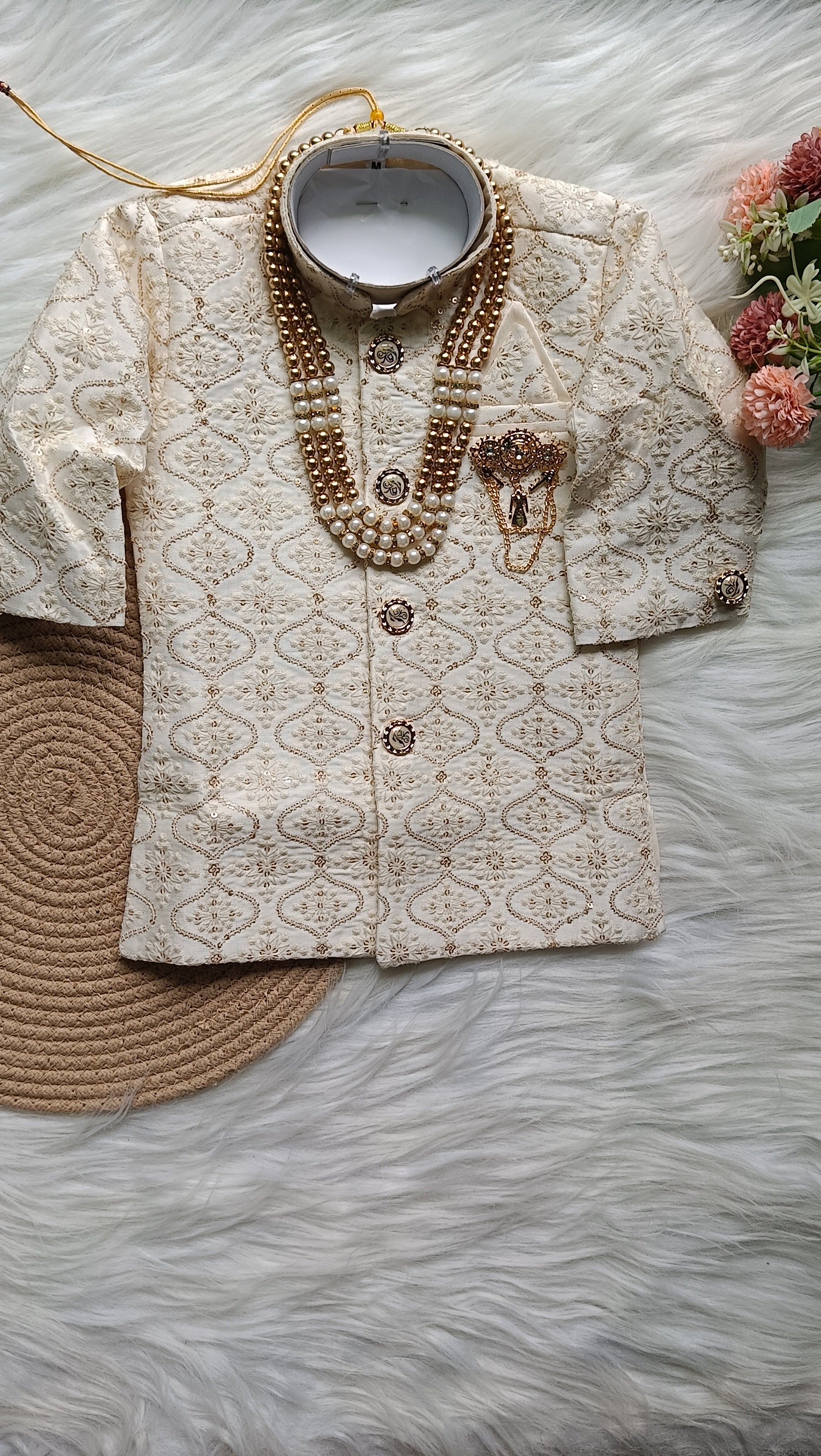 Boys Sherwani Pyjama Natural  Ivory   - Embellished Duppata Chain Included