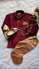 Boys Dark Maroon IndoWestern Pant set - Chain and shoes included