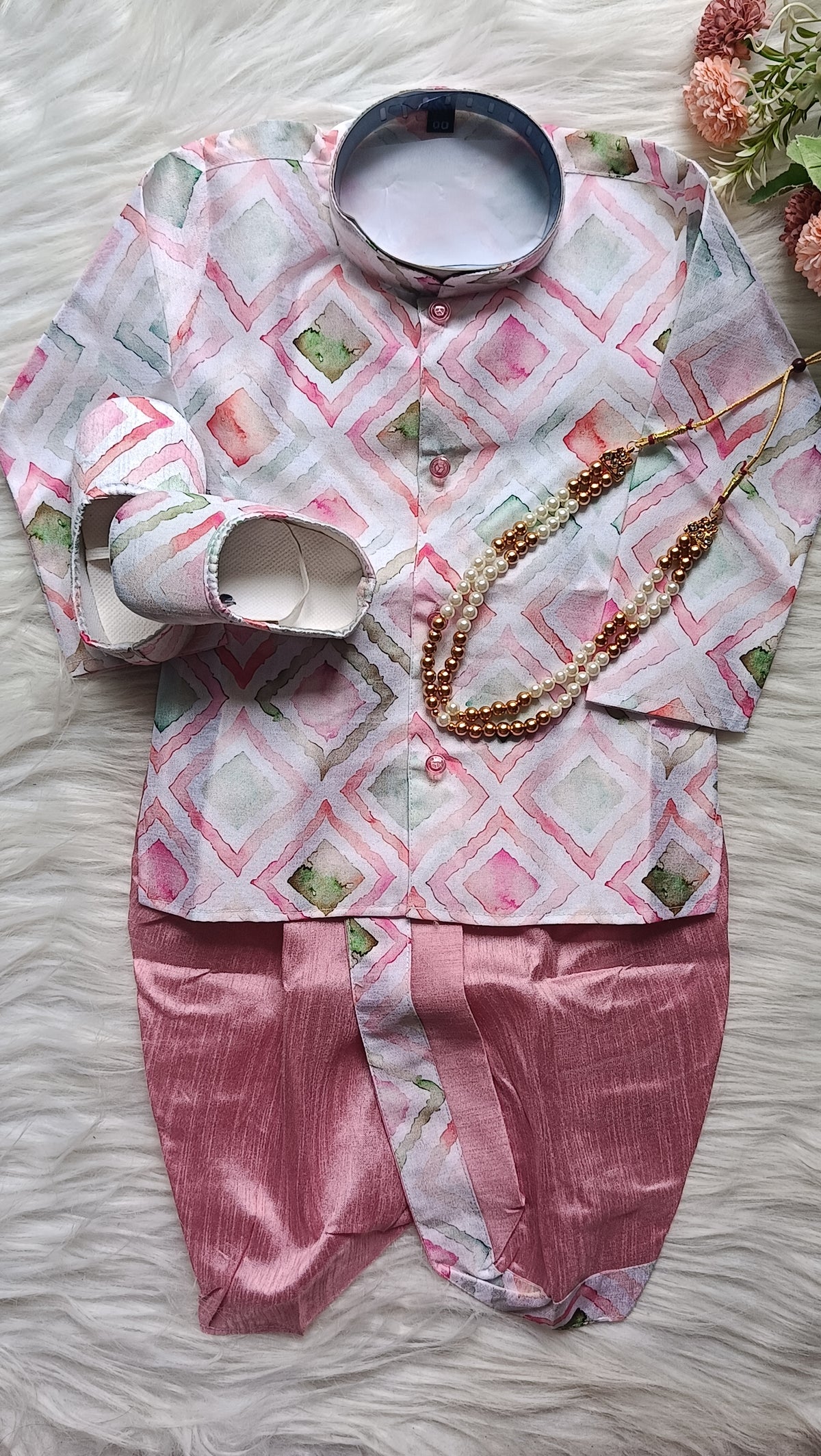 Boys Dark Pastel pink  Dhoti  set - Chain and Shoes Included