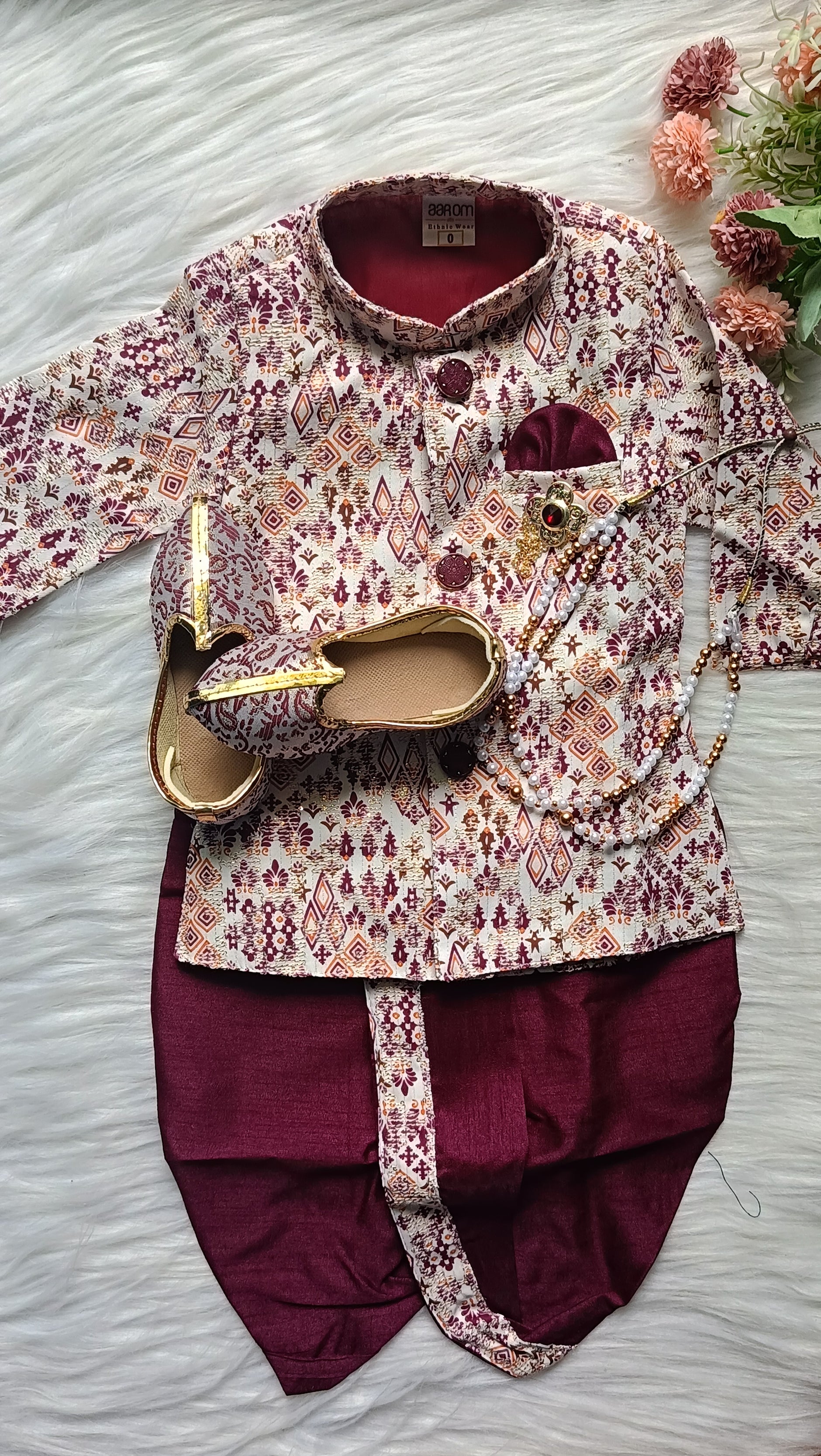 Boys Maroon Oak IndoWestern dhoti & Pant set - Chain and shoes included