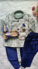 Boys  Blue Charcoal IndoWestern dhoti &  Pant set - Chain and shoes included