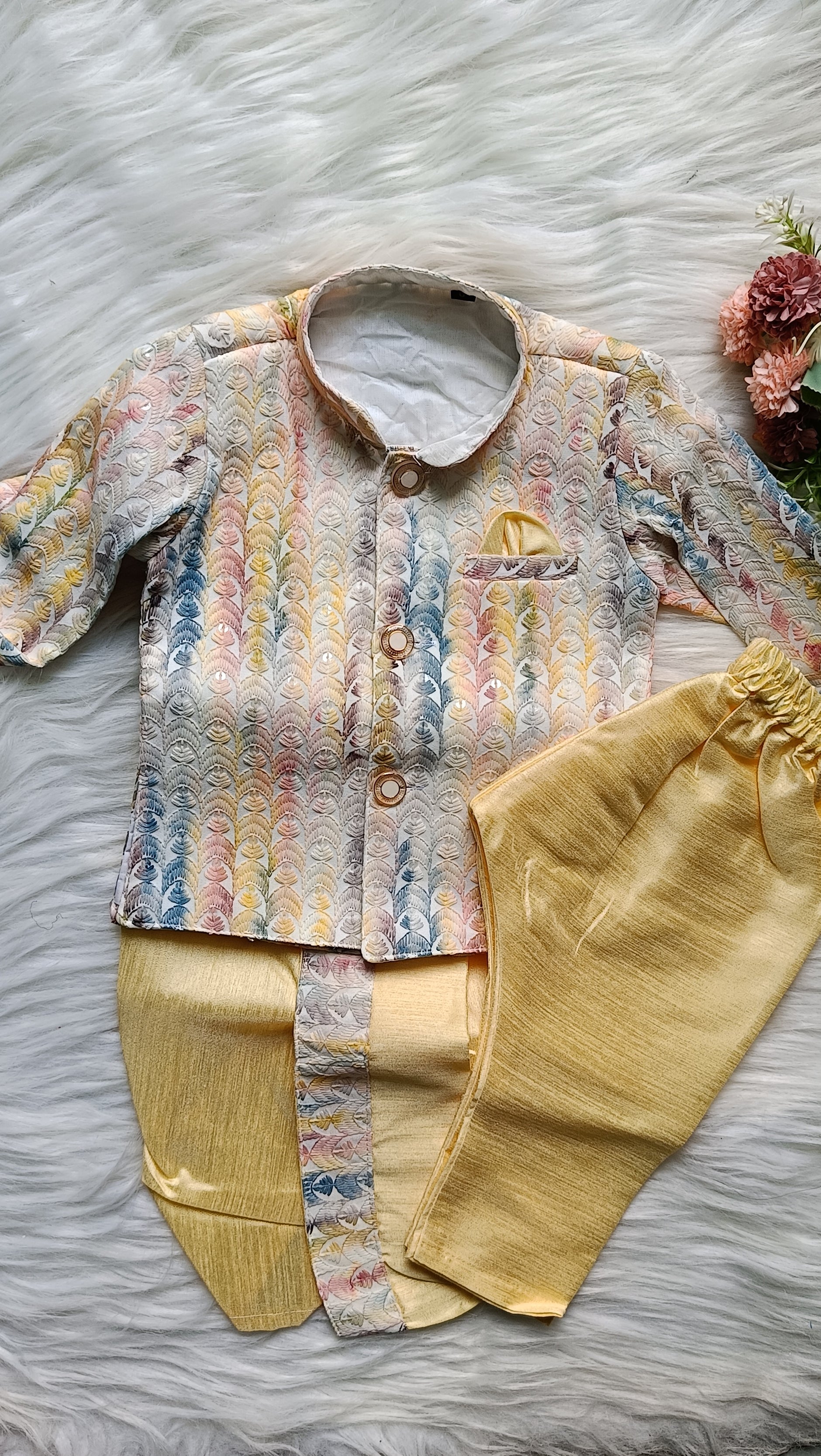Boys Premium Indo Western Kurta Set - Dhoti & Pant Included Purply yellowish