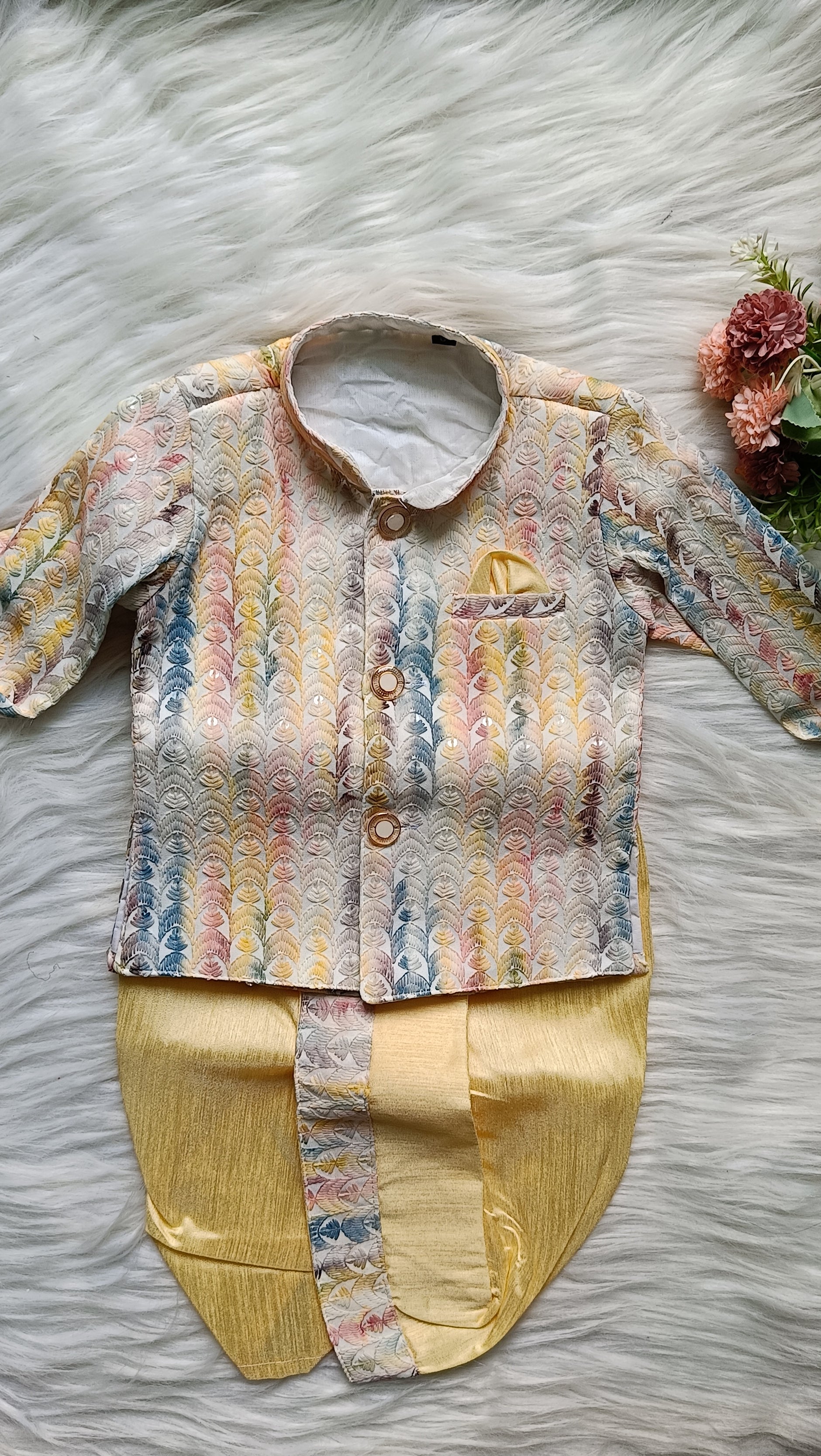 Boys Premium Indo Western Kurta Set - Dhoti & Pant Included Purply yellowish
