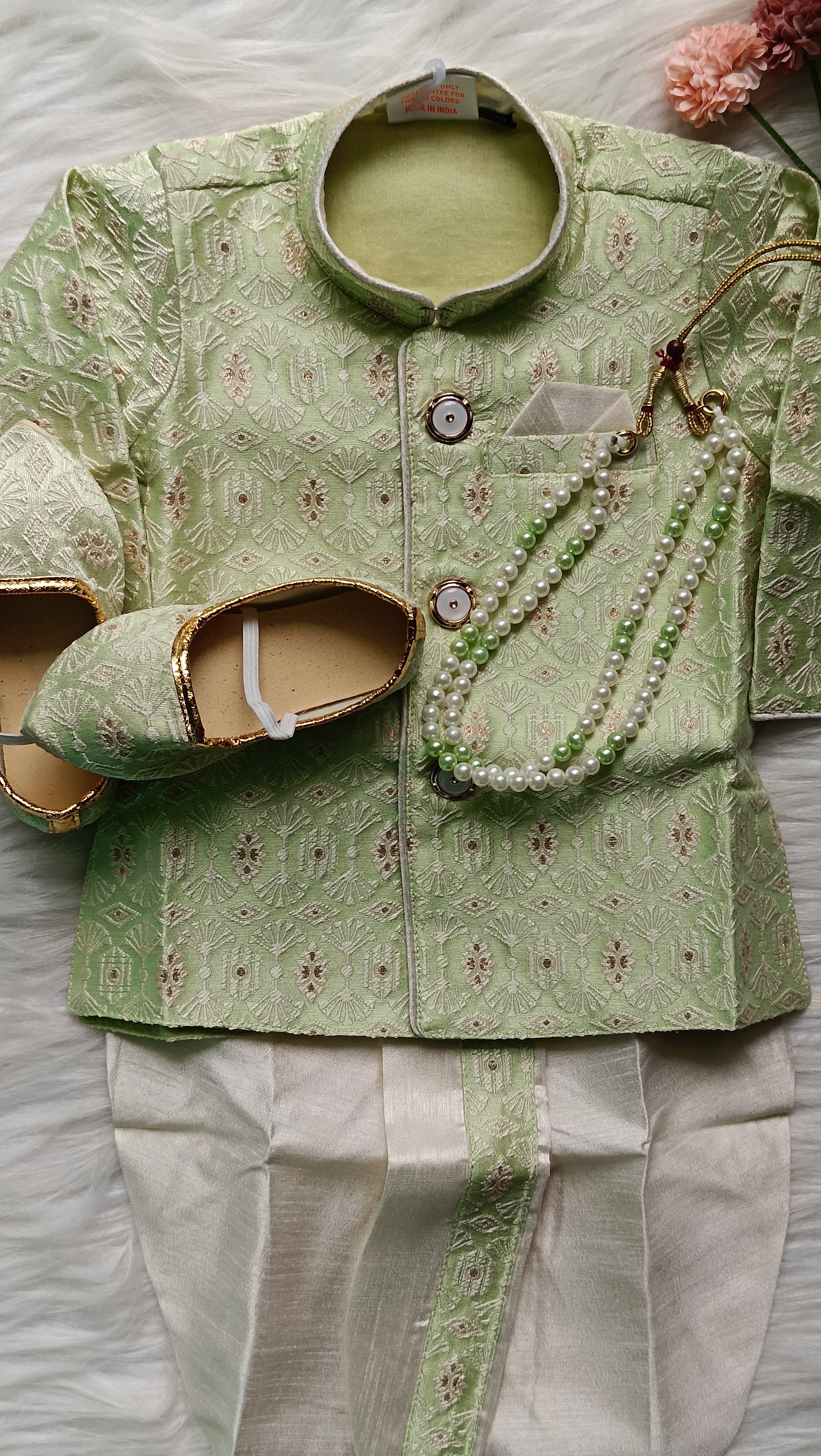 Infants Silver Green Dhoti Set - Chain and Shoes Included