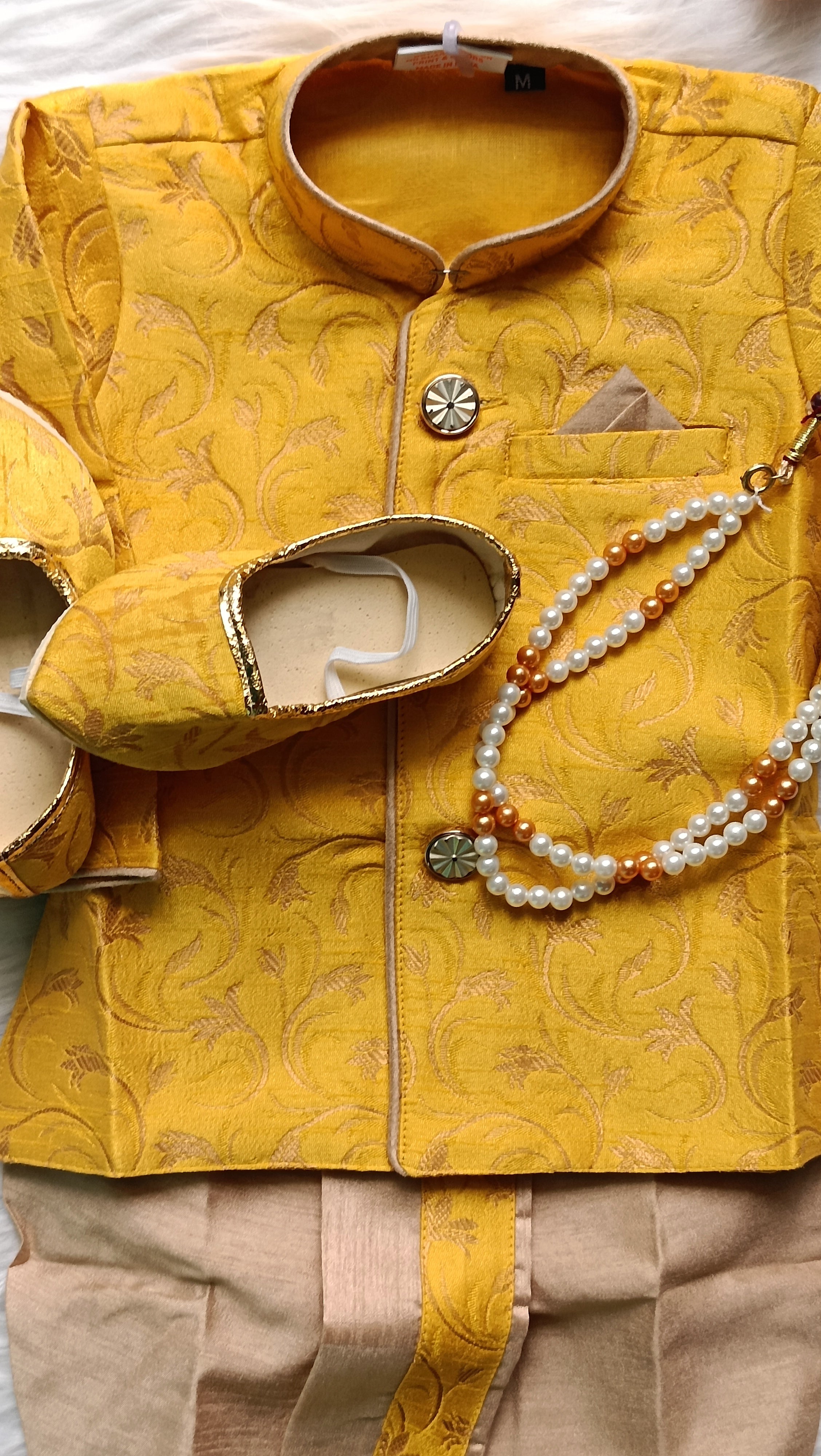 Infants Mustard Ash Dhoti Set - Chain and Shoes Included