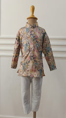 Boys Pale Brown  Floral  soft Kurta Set