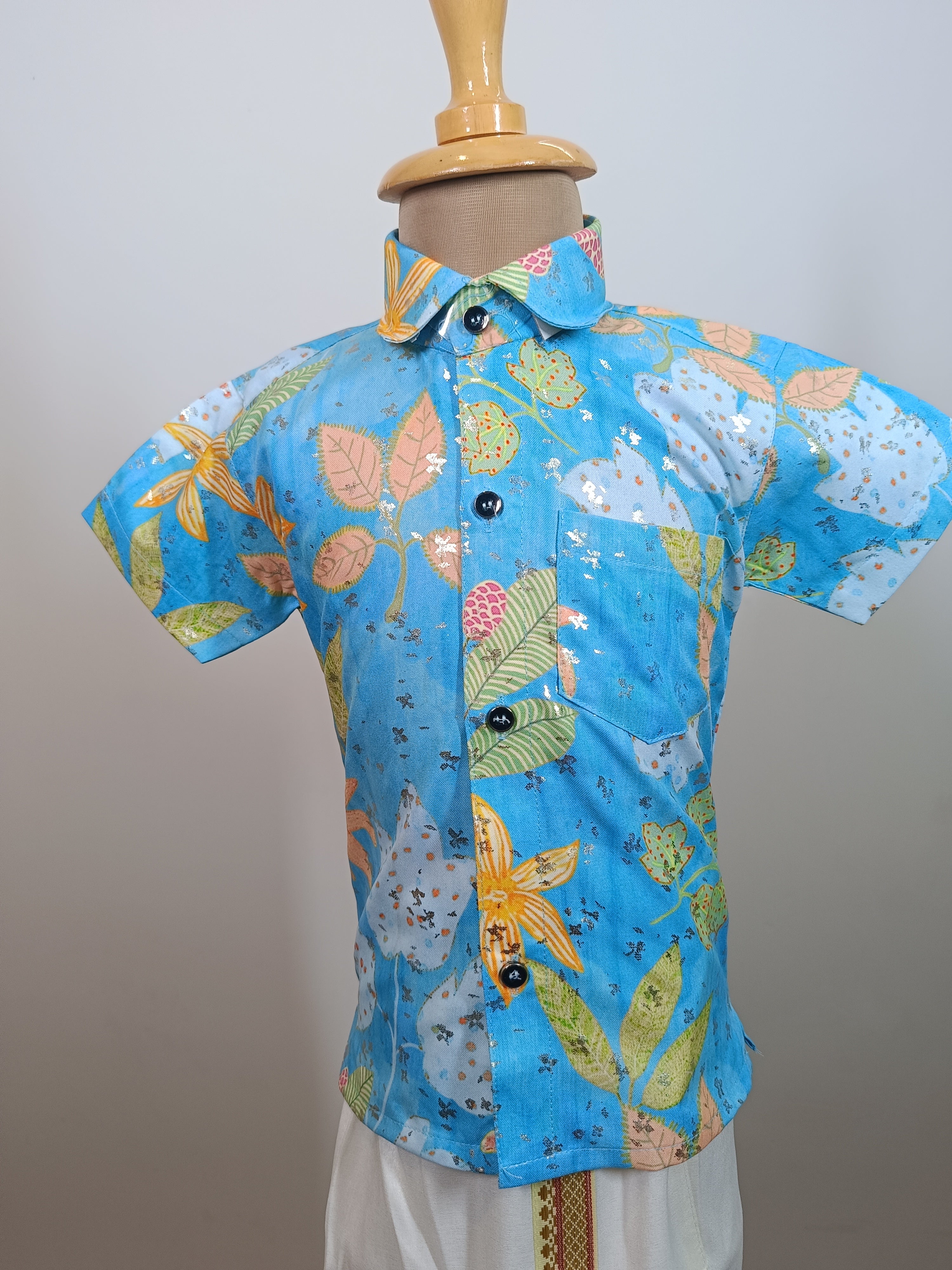 Infants  Dapper blue floral half sleeve shirt with Pancha - Kanduva set