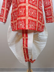 Boys Premium Red Traditional Elephant Motif Set- Dhoti & Pant Included