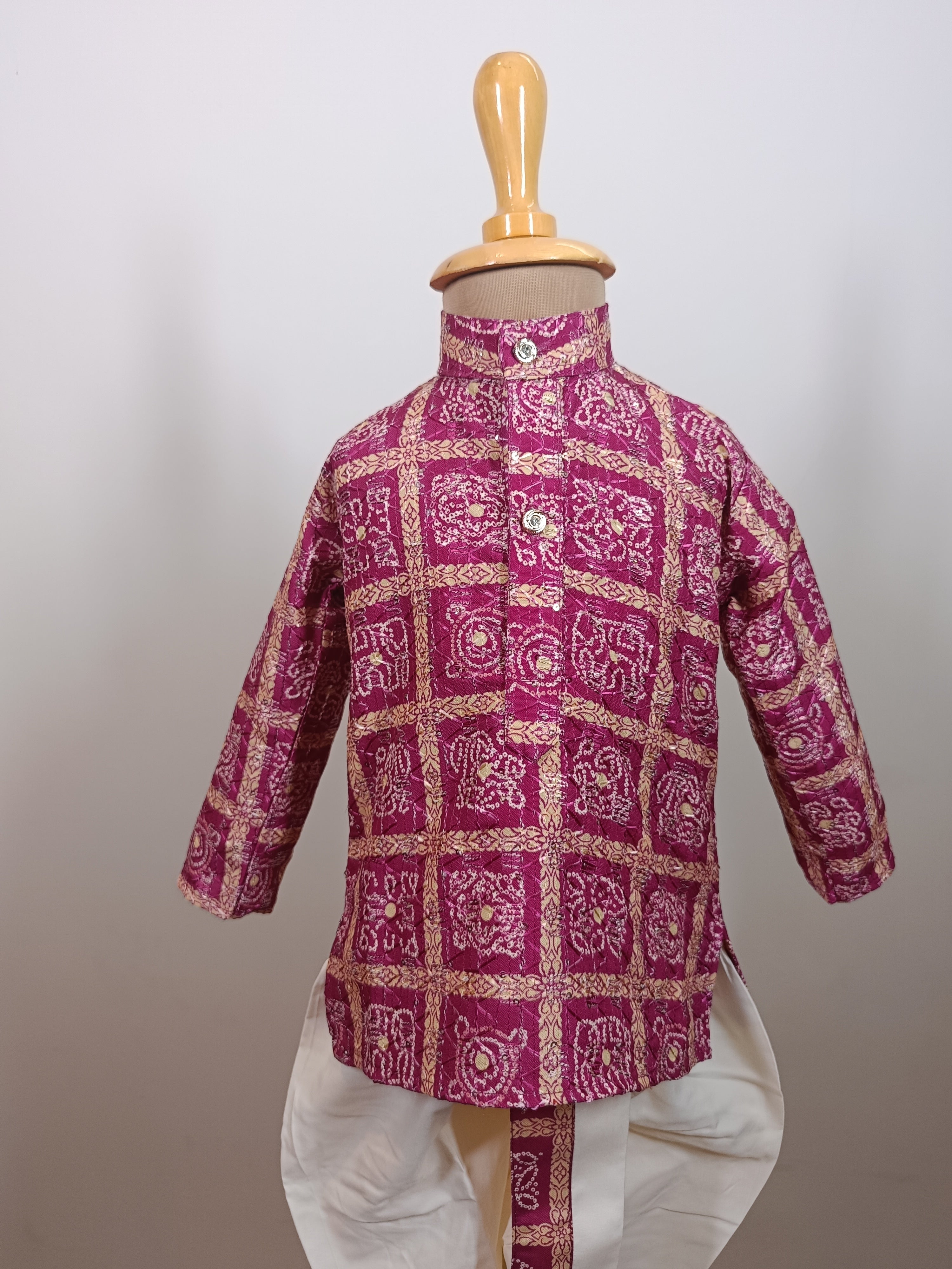 Boys Premium Magenta Traditional Elephant Motif Set- Dhoti & Pant Included