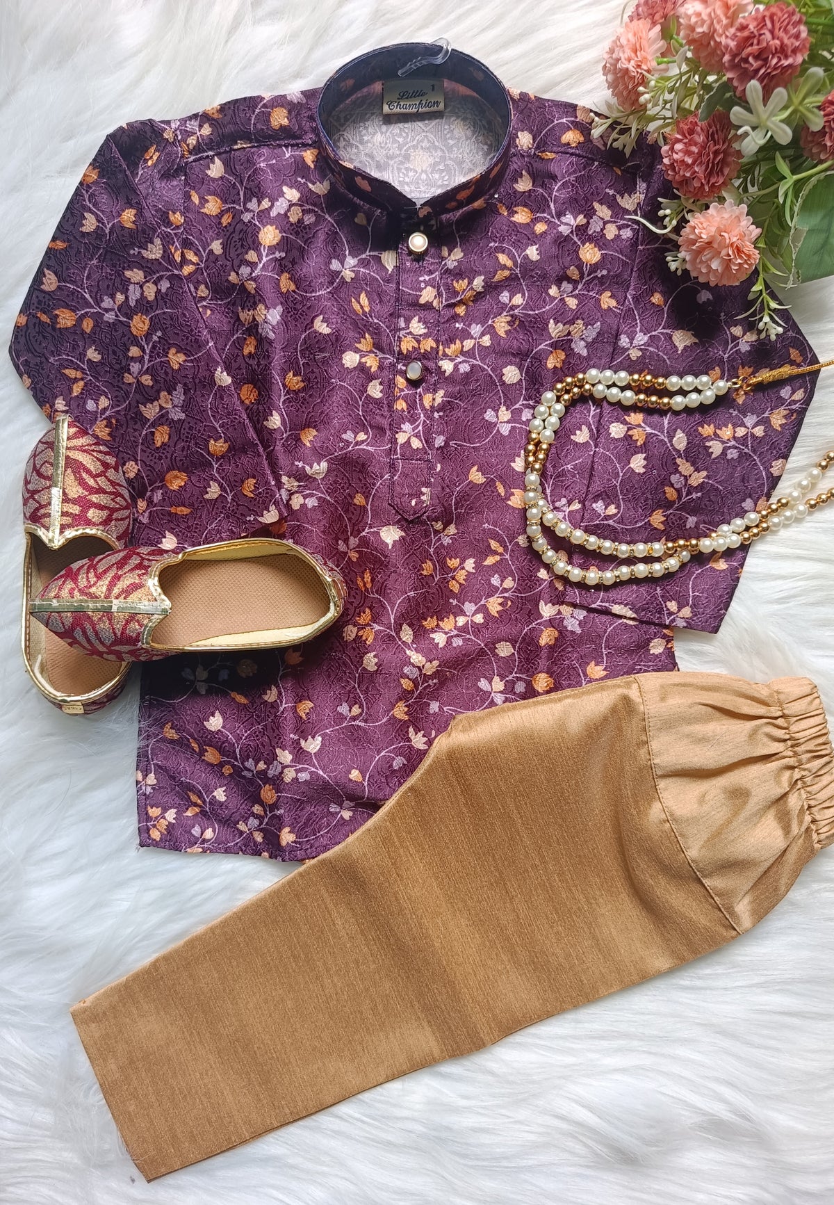 Boys Violet floral Kurta set - Chain and Shoes Included