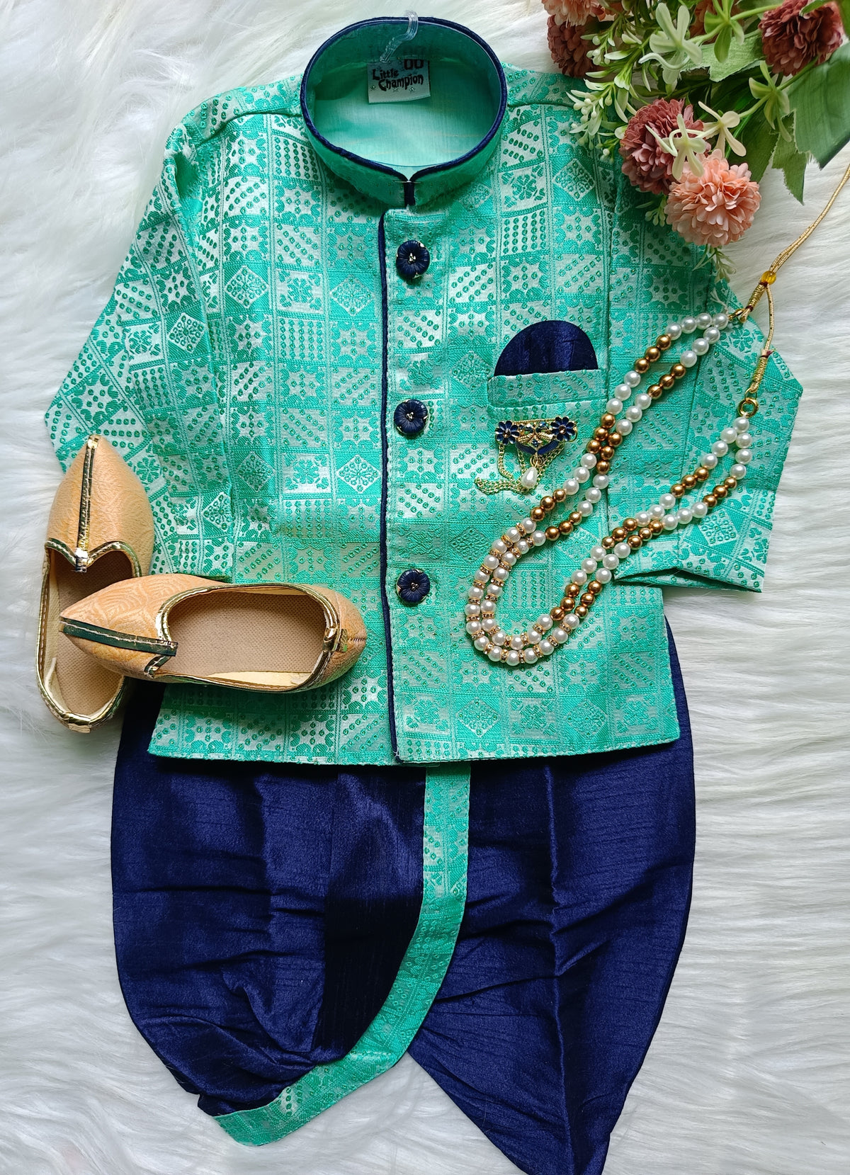 Boys peppy peacock  IndoWestern dhoti set - Chain and shoes included