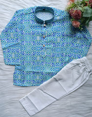 Boys Fountain Blue Kurta Set - Sequence Embroidery