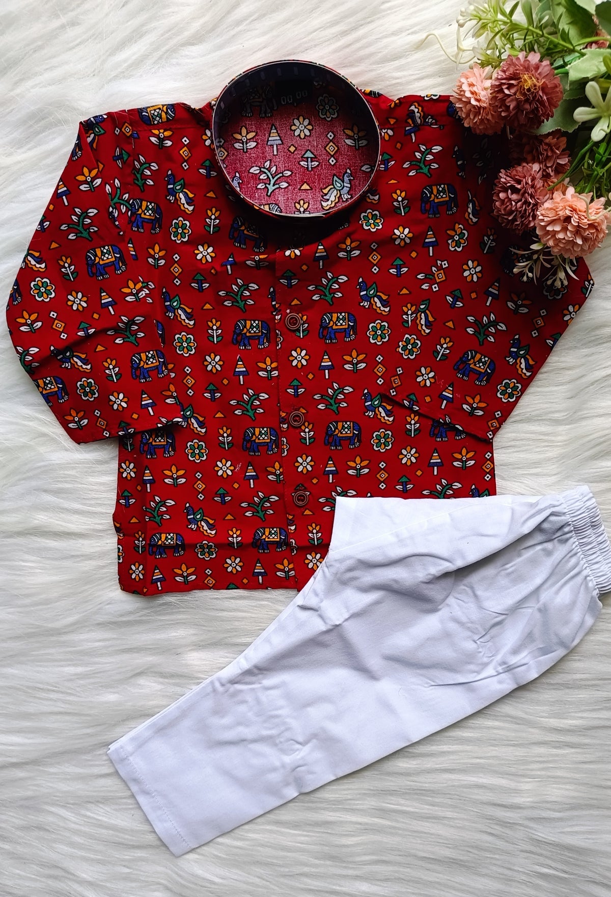 Boys Wood Bark  Kurta Set - Red