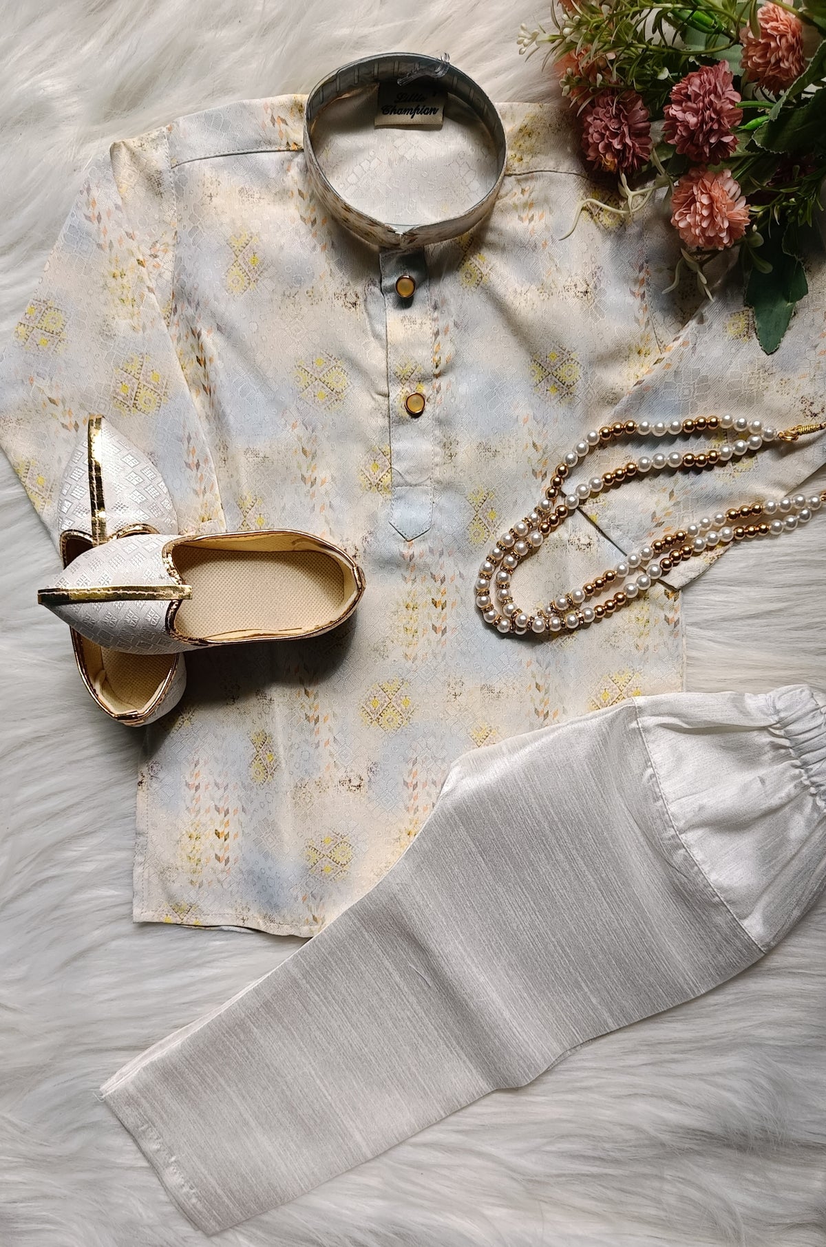 Boys Silver Challice Kurta set - Chain and Shoes Included