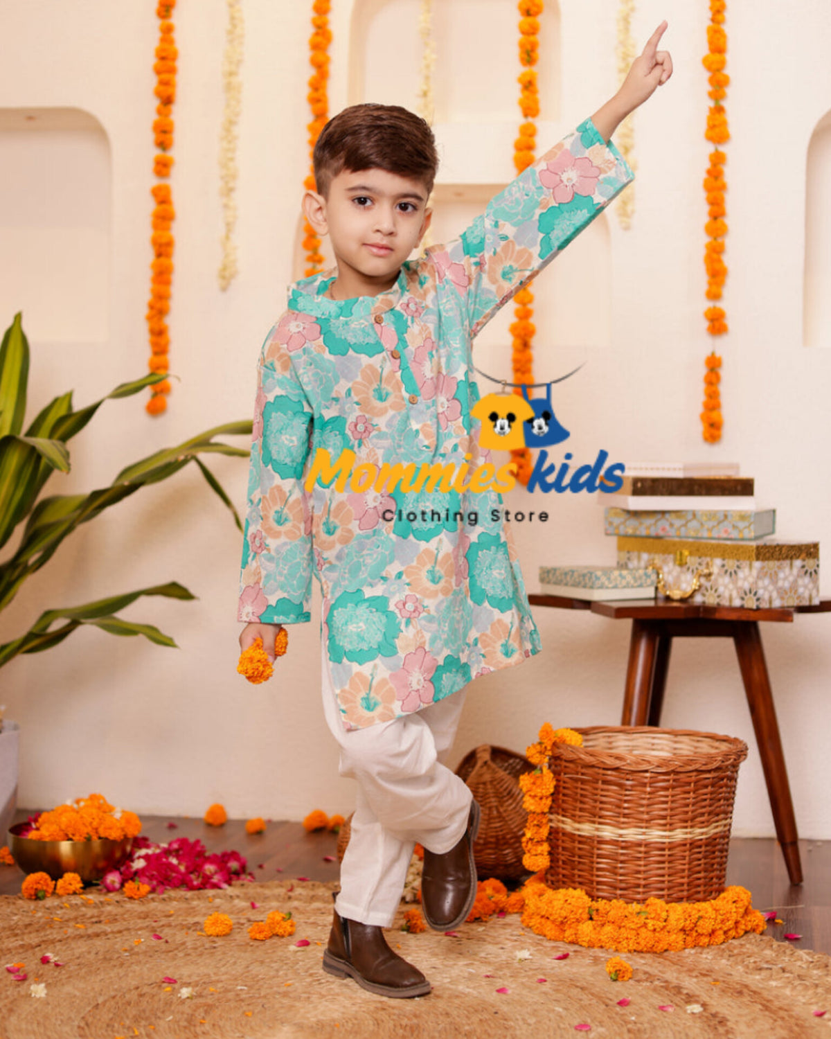 Boys Floral Cotton Kurta Set