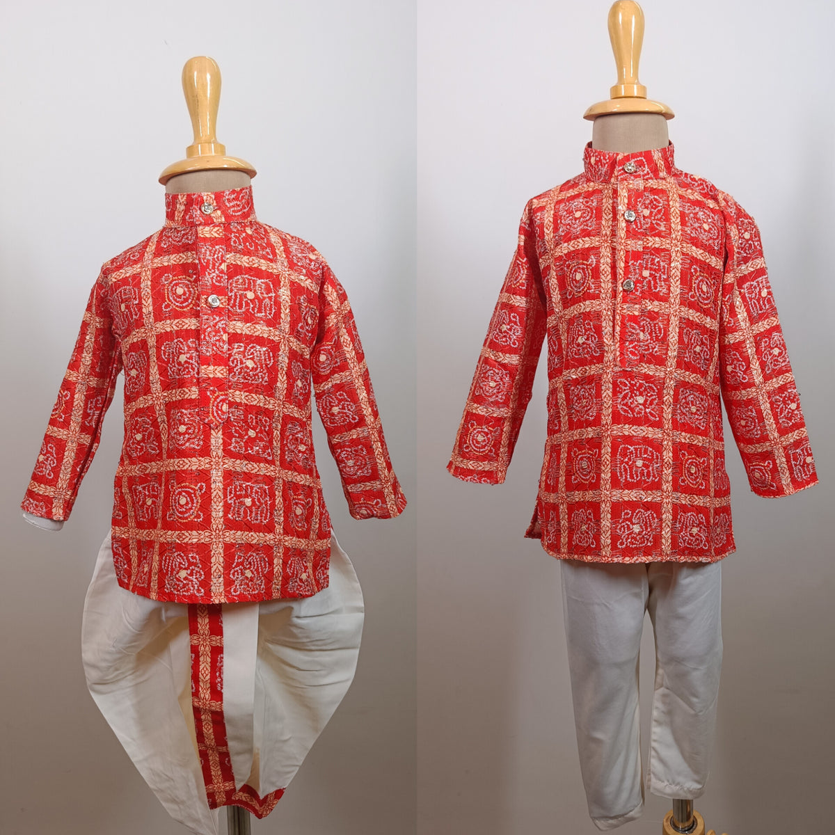 Boys Premium Red Traditional Elephant Motif Set- Dhoti & Pant Included
