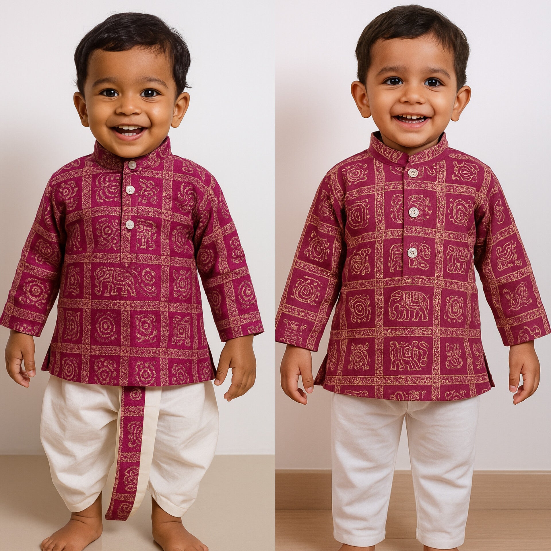 Boys Premium Magenta Traditional Elephant Motif Set- Dhoti & Pant Included
