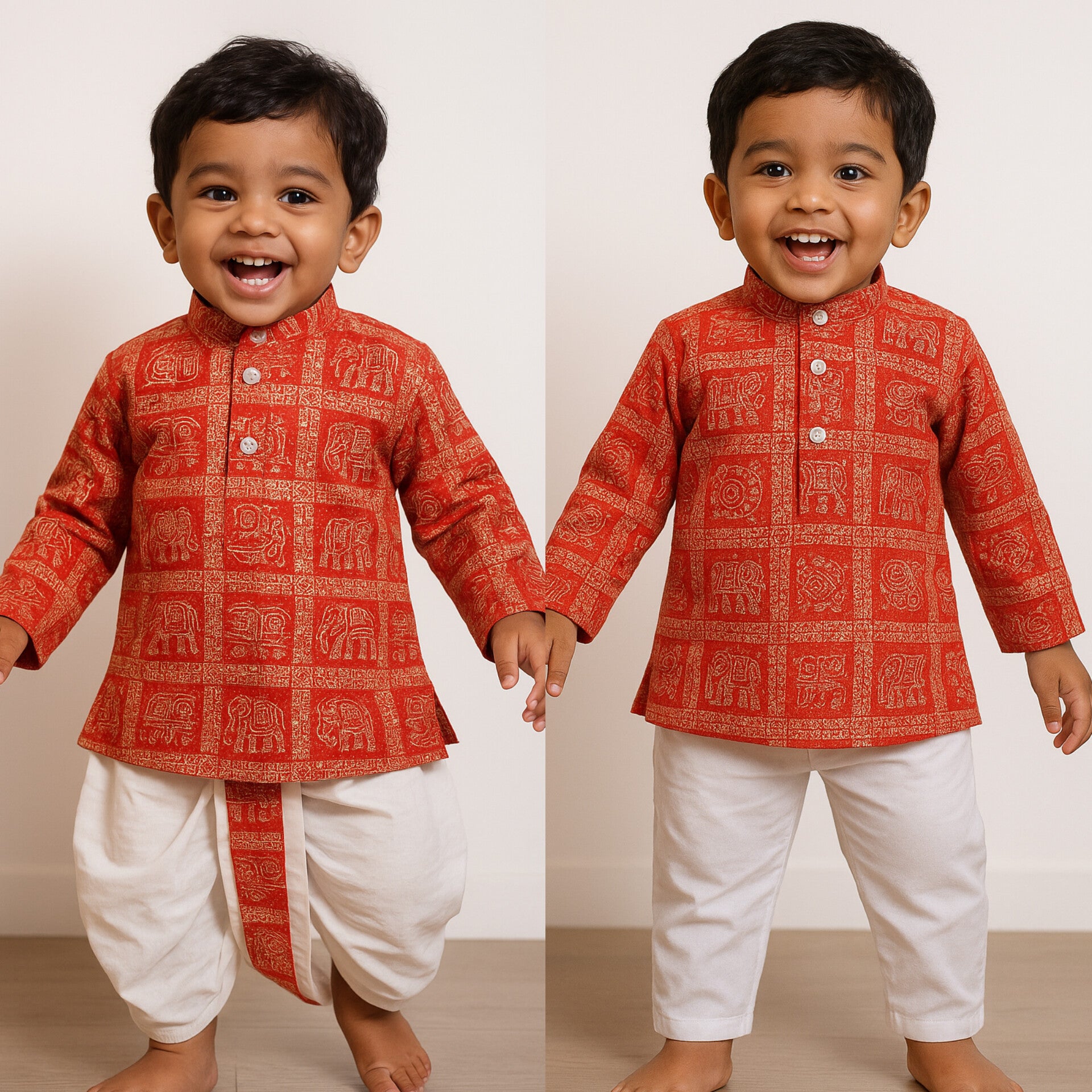 Boys Premium Red Traditional Elephant Motif Set- Dhoti & Pant Included