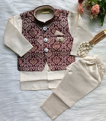 Boys' Kurta pyjama Set: Floral Jacket-Style Elegance for Kids -Cream Brown Premium