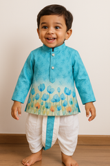 Boys Solid Aqua Floral  Dhoti   Set