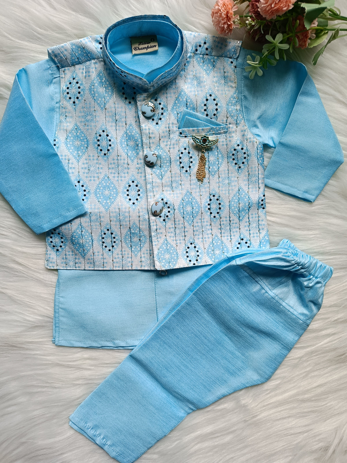 Boys' Kurta pyjama Set:  Sequence Thread - Sky Trend