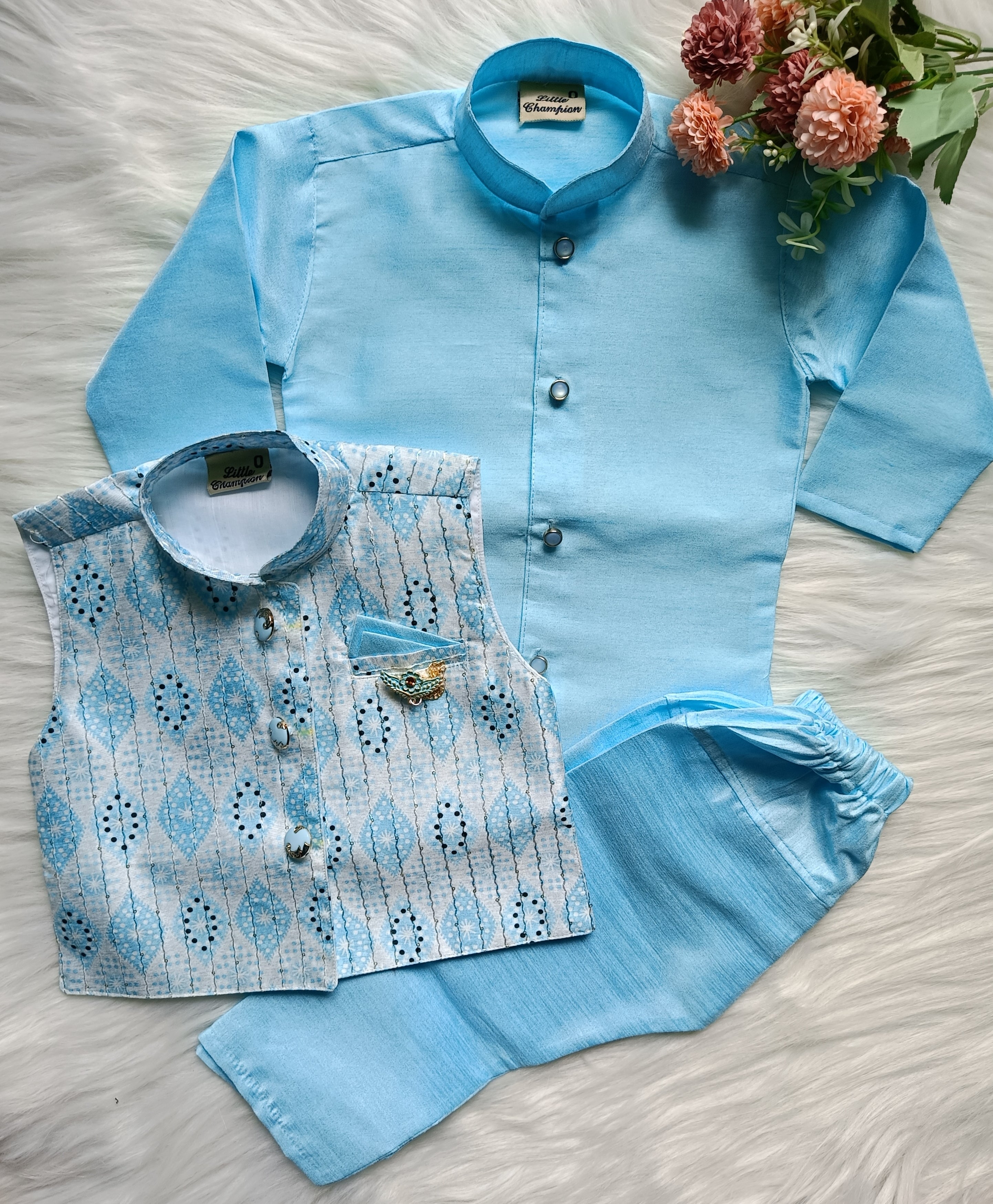 Boys' Kurta pyjama Set:  Sequence Thread - Sky Trend