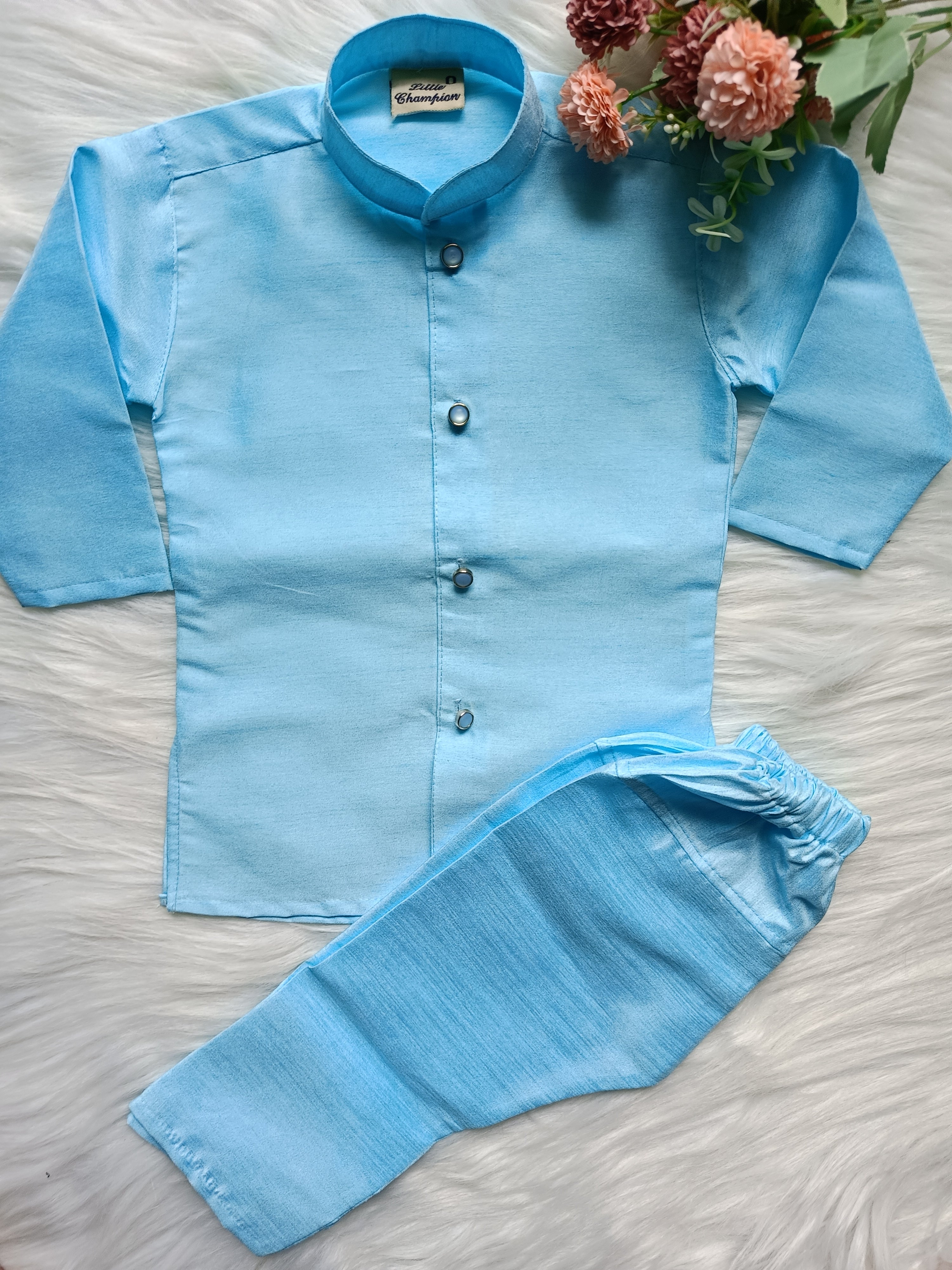 Boys' Kurta pyjama Set:  Sequence Thread - Sky Trend