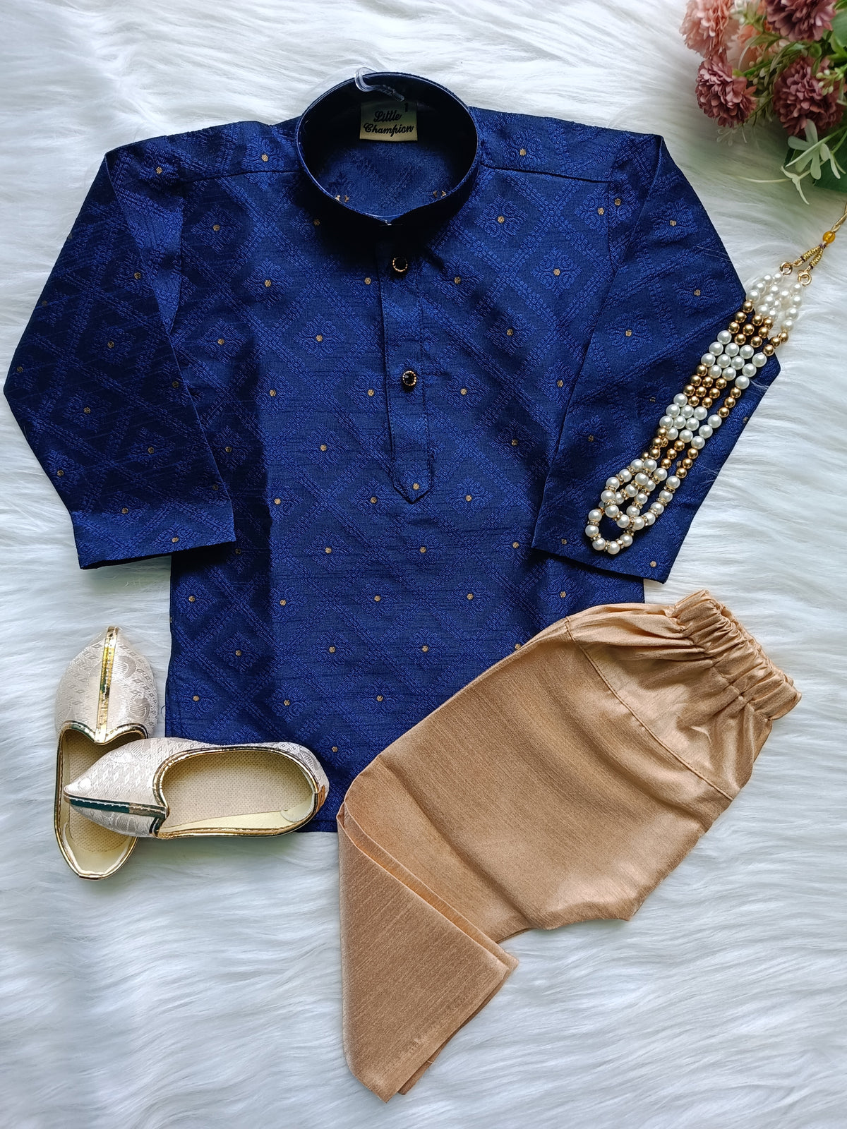 Boys Royal blue small butti Kurta set - Chain and Shoes Included