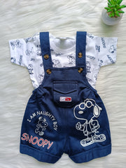 Boys Round Neck Tshirt with Pupy Print Dungaree - Blue & White