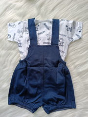 Boys Round Neck Tshirt with Pupy Print Dungaree - Blue & White