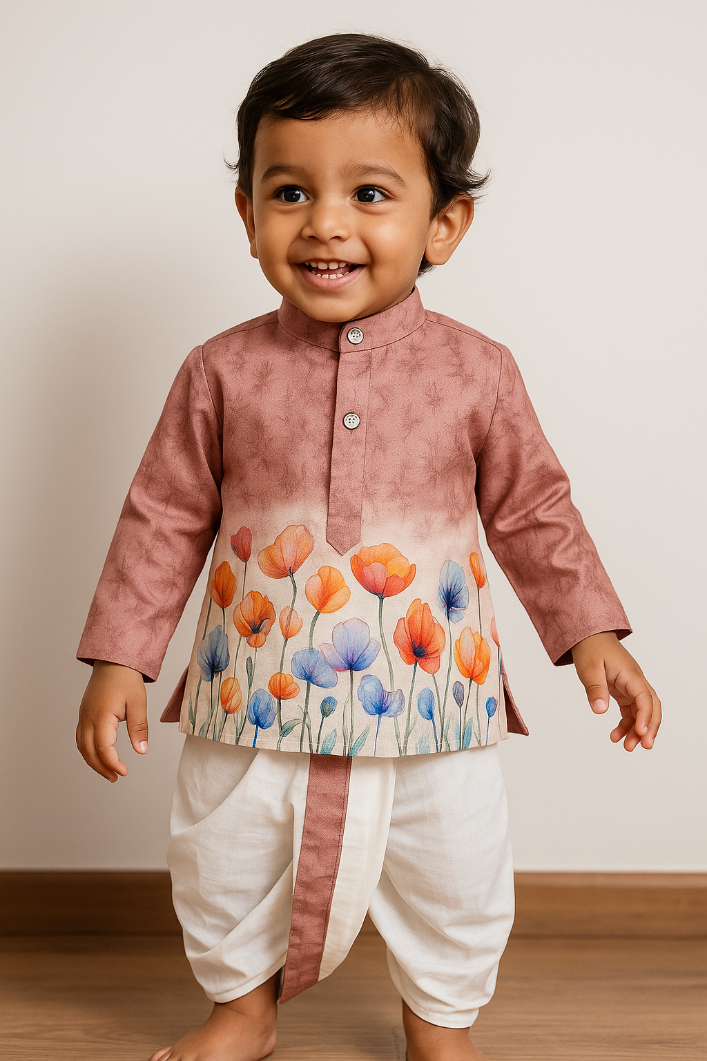 Boys Solid Brown Floral  Dhoti   Set