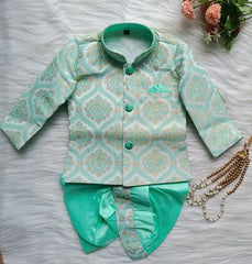 Boys Premium Indo Western 2 in 1 Kurta Set - Dhoti & Pant Included - Classic Embossed print- Green Cashmera