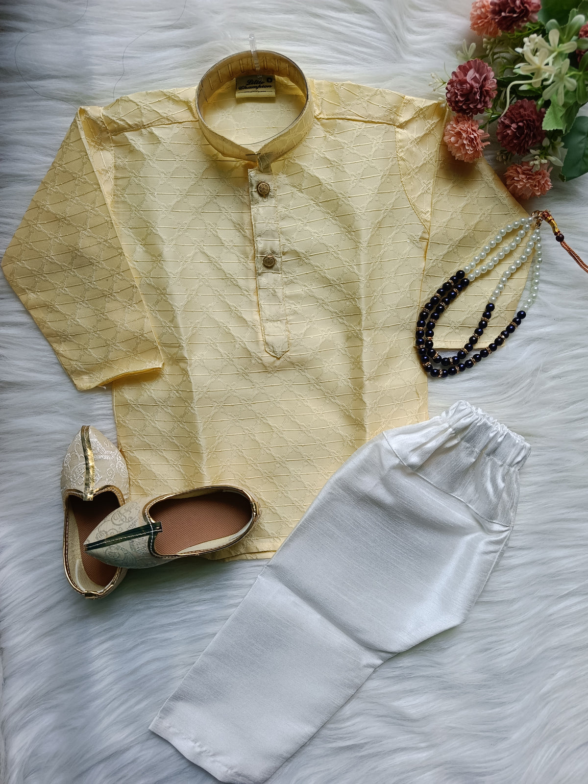 Boys Cream Kurta set - Chain and Shoes Included