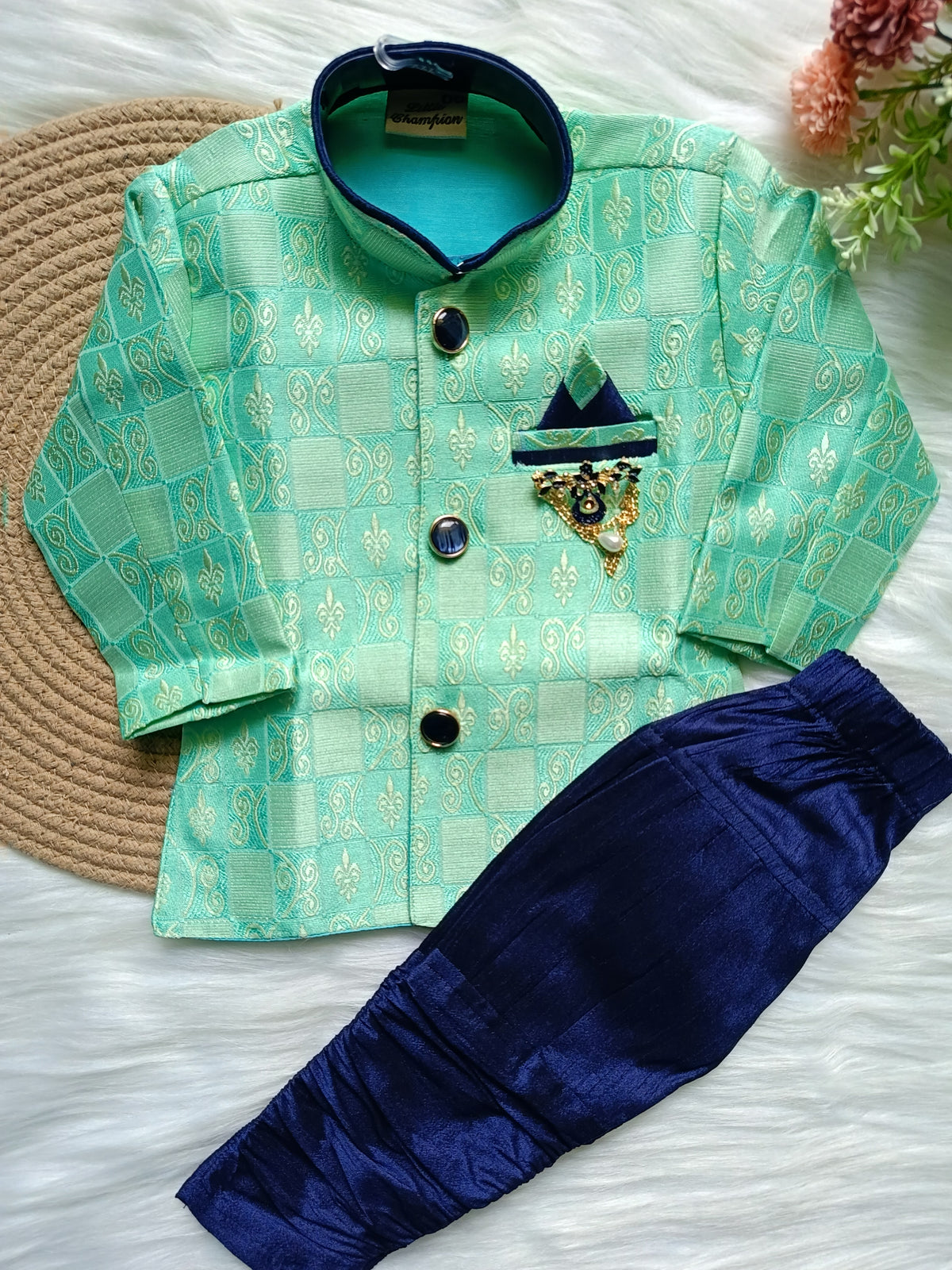 Boys green blue style Kurta Pant set