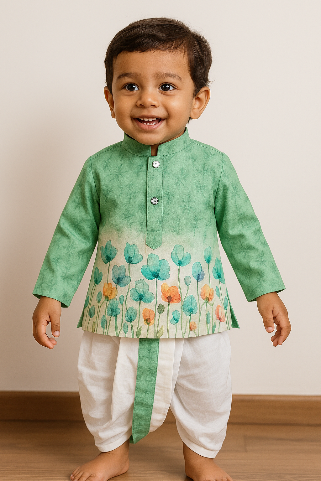 Boys Pista Green Floral  Dhoti   Set