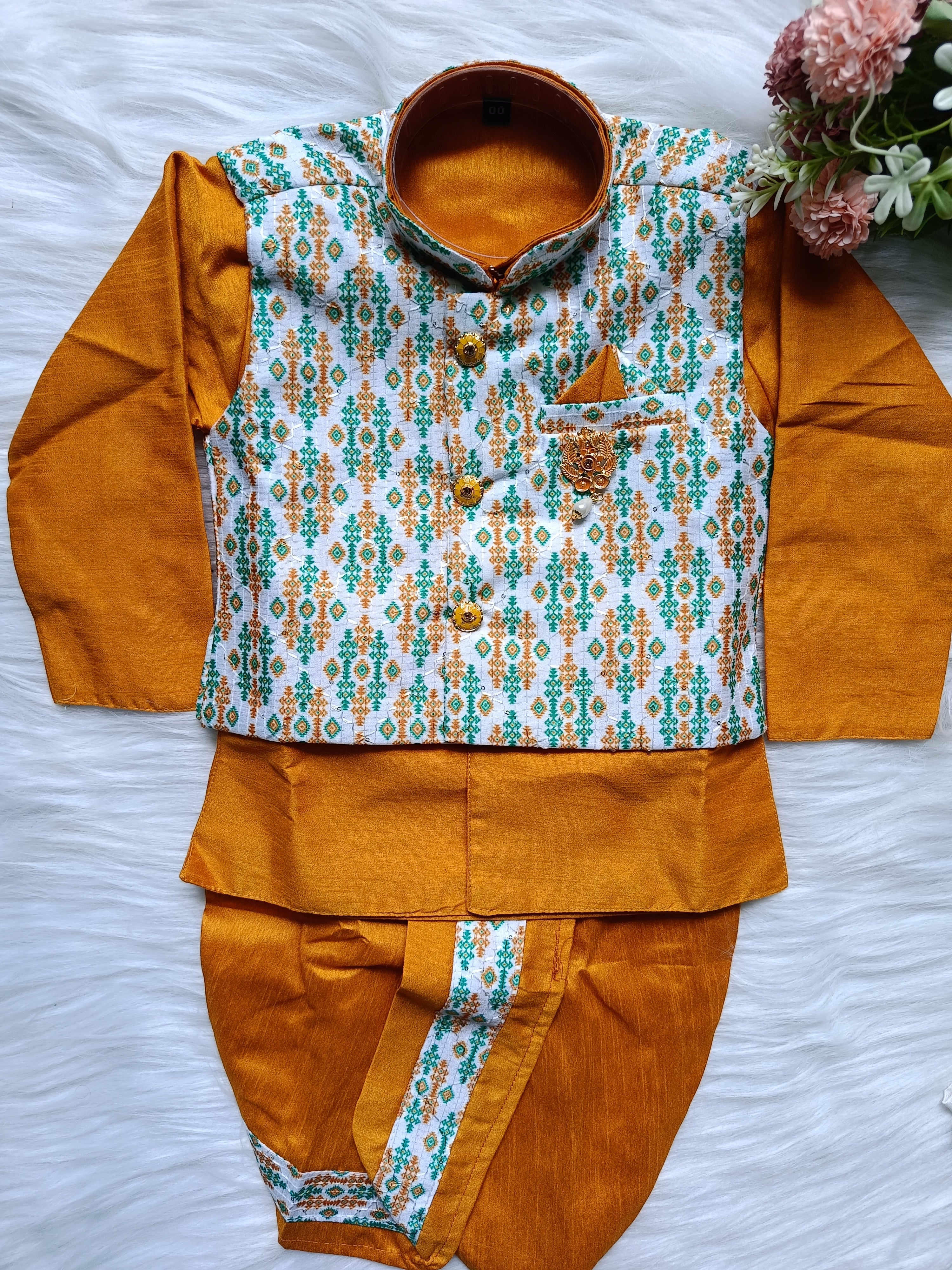 Boys Premium Indo Western 2 in 1 Kurta Set - Dhoti & Pant Included Mustard Yellow