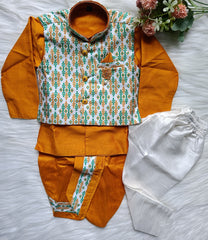 Boys Premium Indo Western 2 in 1 Kurta Set - Dhoti & Pant Included Mustard Yellow