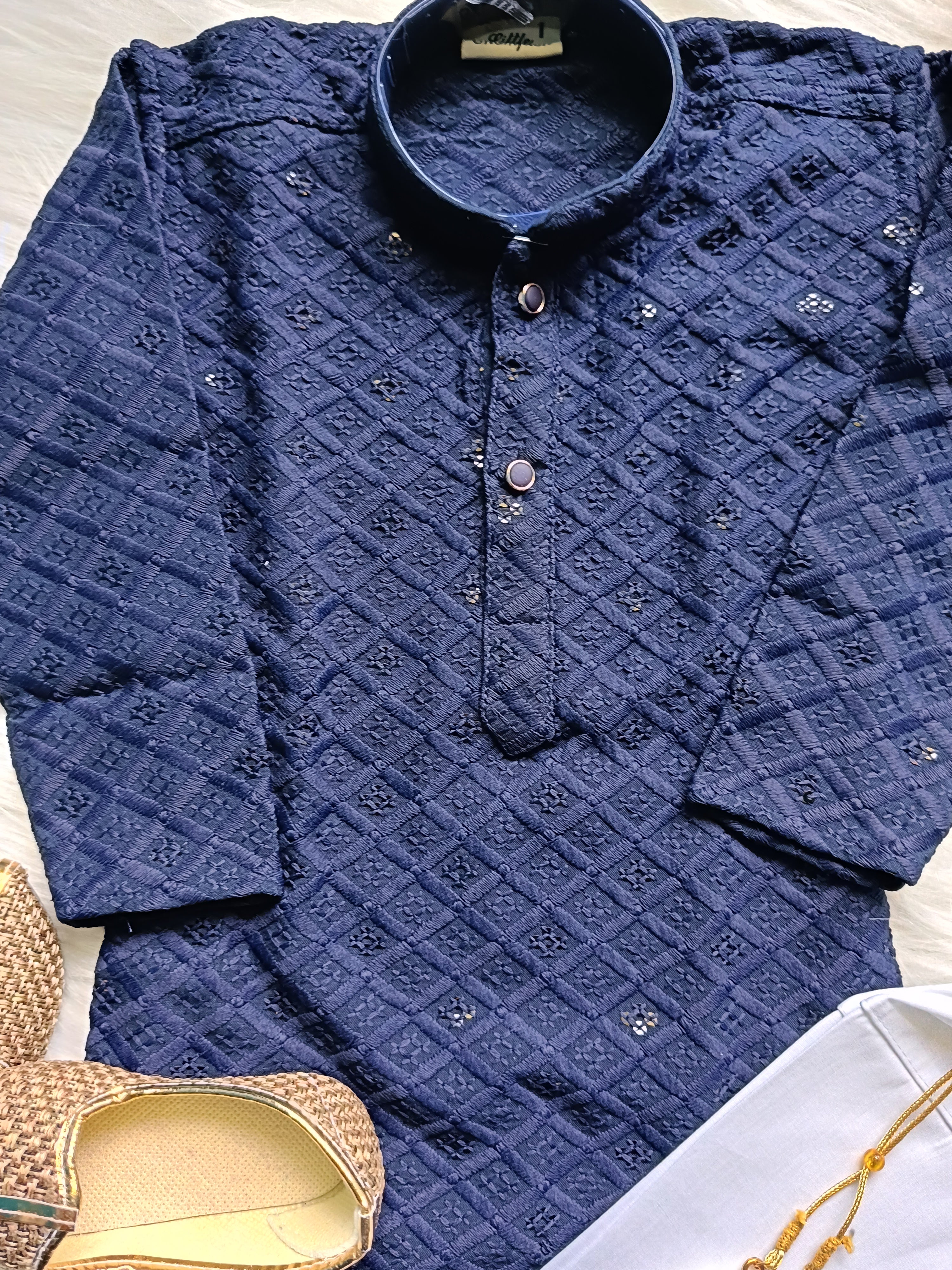 Boys Georgette Sequence Navy Blue Kurta set - Chain and Shoes Included