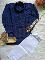 Boys Georgette Sequence Navy Blue Kurta set - Chain and Shoes Included