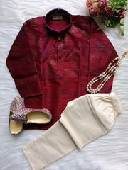 Boys Maroon Sequence  Kurta set - Chain and Shoes Included